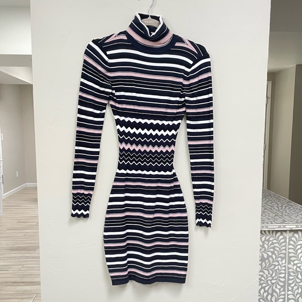 BEBE Striped Mini Turtle Neck Dress